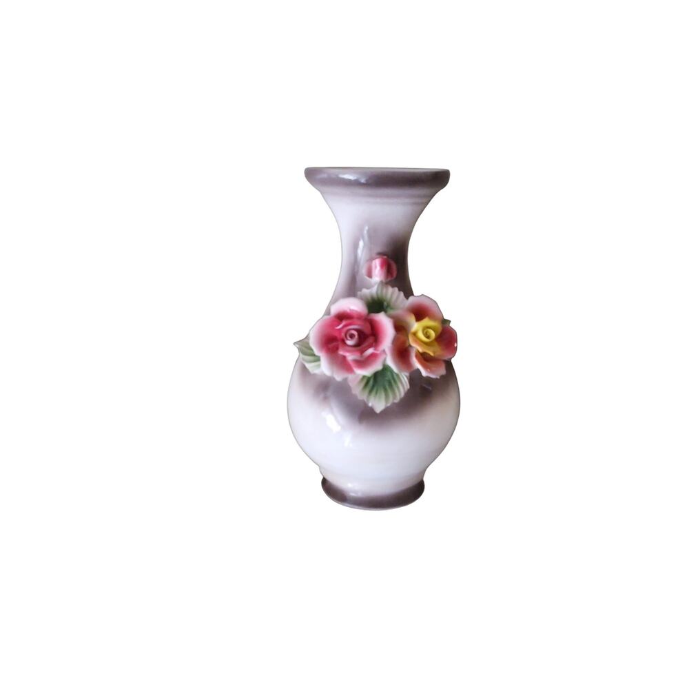 Italian Capodimonte Vase‎ Hand-Applied Roses Mid-Century Decor Porcelain 11 in